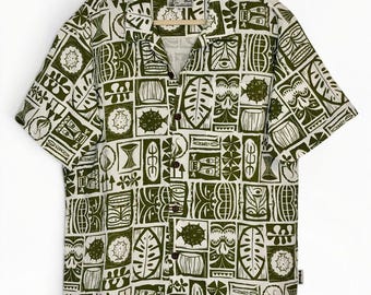 Teens on the Nose SHAG Hawaiiaans shirt maat L Groen Tiki Aloha-bastdoek katoen Y2K