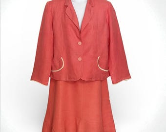 Vintage Stanley Blacker Coral Linen Blend Skirt Suit Flounce Lace Hem Plus 20W