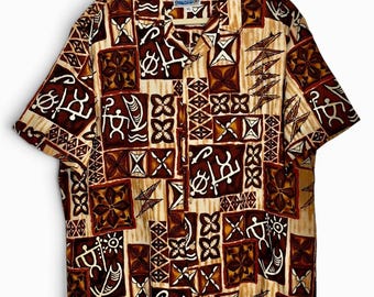 Camisa hawaiana vintage de los 80, Barkcloth RJC, talla XL, estampado Tapa, hecha en Hawái, color marrón Aloha.
