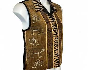 vintage Carolina Colors Tiger Tapestry Vest Sz L Gilet Safari Boho à imprimé animal