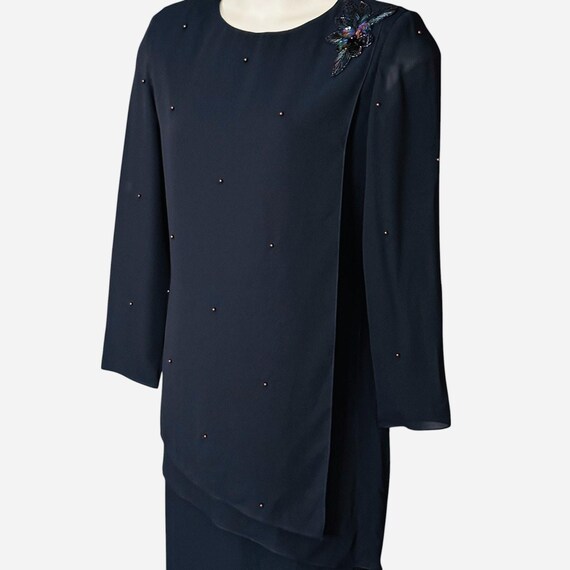 patra navy blue dress Vintage 80s Patra Navy Blue Elegant Party Dress Sz 16 Chiffon Sequined  Applique