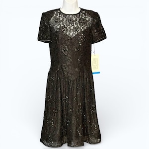 May include: Black lace dress with short sleeves and a round neckline. The dress features a fitted bodice and a flared skirt. The bodice is adorned with intricate lace detailing, and the skirt has a subtle pleated design. A tag hangs from the dress.