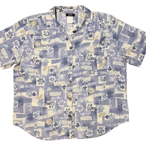 Vintage 80s Women&#39;s Hawaiian Button Up Shirt Blue Floral Boho Short Sleeve 16W