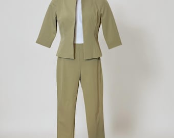 Vintage 90s Jenne Maag Minimalist Pant Suit Sage Green Mod Hook Eye Size M USA