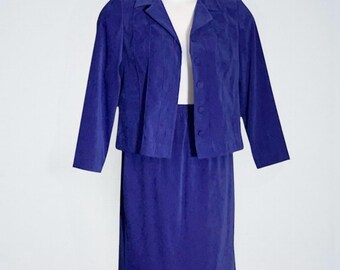 Conjunto de falda y blazer Leslie Fay vintage de los 80, talla 8P, en microgamuza azul con costuras princesa