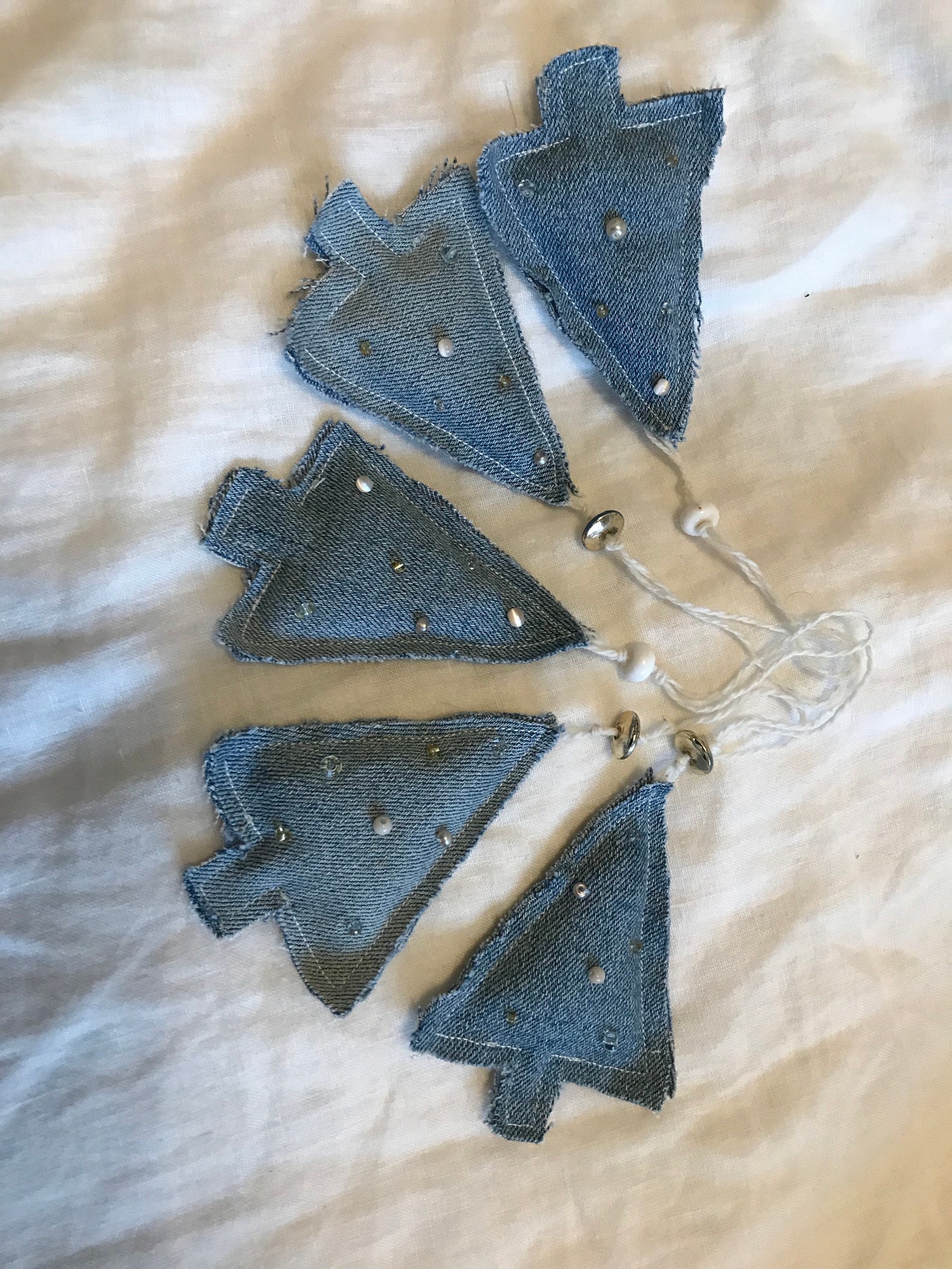 Vintage Denim Stuffed Christmas Ornaments, Set of 5pieces, Handmade