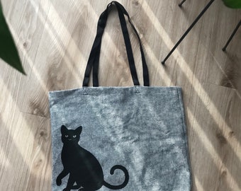 Washed black cat linen tote bag, heavy linen rectangle shopping bag, white and black market bag reusable grocery bag, cat tote bag