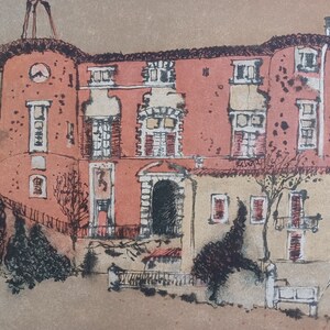 Color lithograph chateau in landscape Arches France 70s