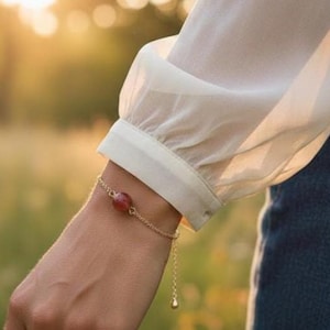 Puede incluir: Un conjunto de pulsera y anillo dorados. La pulsera presenta una pequeña piedra de color marrón rojizo y una delicada cadena. El anillo también tiene una piedra a juego. La joyería se lleva en una muñeca, con una camisa blanca de manga larga y vaqueros azules en el fondo.
