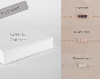 Coffret "Anti-stress" - Lot de 3 bracelets contre le stress, Améthyste, Quartz rose, Perle de lune - Coffret pierres lithothérapie