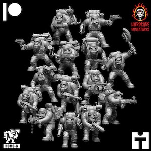 May include: A group of 12 grey plastic miniature figures of orcs, each holding a weapon, standing on a black background. The figures are wearing backpacks and have various weapons, including guns, axes, and swords. The text "HARDCORE MINIATURES" is visible in the top right corner of the image.