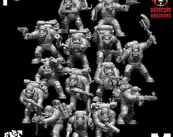 May include: A group of 12 grey plastic miniature figures of orcs, each holding a weapon, standing on a black background. The figures are wearing backpacks and have various weapons, including guns, axes, and swords. The text "HARDCORE MINIATURES" is visible in the top right corner of the image.