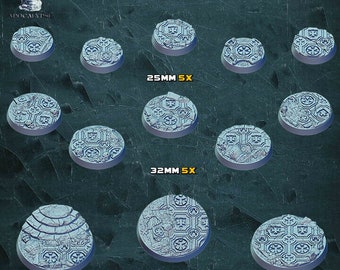 May include: A set of 13 round, grey, resin miniature bases with intricate designs. The bases are in three sizes: 25mm, 32mm, and 40mm. The text "25MM 5X", "32MM 5X", and "40MM 3X" is printed below each size.