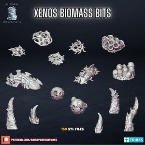 May include: A collection of gray, 3D-printed Xenos Biomass Bits, including various alien-like structures and organic forms. The image features the text "Xenos Biomass Bits" and "15x STL FILES". The logo for Admiral Apocalypse is in the upper left corner.