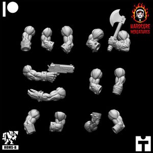 May include: A set of 10 3D printed plastic arms, each with a different pose and weapon. The arms are designed for use with miniature figures and are perfect for customizing your own characters. The weapons include a pistol, an axe, and a variety of other tools.
