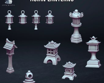 May include: Ten 3D printable STL files for Asian lanterns. The models include a variety of styles, from simple hanging lanterns to elaborate temple lanterns. The lanterns are all in a gray color.