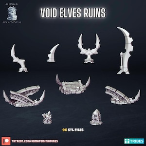 May include: A collection of nine grey miniature terrain pieces labeled Void Elves Ruins, including curved blades, stone fragments with carved runes, a skull-adorned platform, and small stone markers. The set includes 9x STL files for 3D printing.