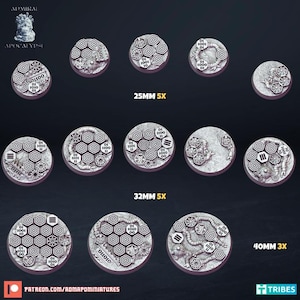 May include: A selection of grey miniature bases in 25mm, 32mm, and 40mm sizes. Each base has a detailed, textured design with hexagonal patterns, binary code, and mechanical elements. Text indicates base sizes and quantities.