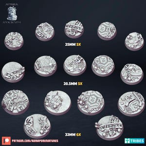 May include: A collection of grey circular miniature bases featuring detailed ruins, skulls, and ancient inscriptions. The set includes five 25mm bases, five 28.5mm bases, and six 32mm bases, all displaying textured stone surfaces and debris.