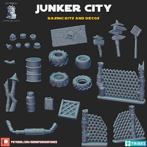 May include: A set of 3D printed miniature models for tabletop gaming. The set includes a variety of items, such as barrels, tyres, fences, signs, and other junk. The models are designed to be used as terrain pieces for a post-apocalyptic or cyberpunk setting.