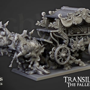 May include: A detailed miniature of a skeletal horse-drawn carriage with ornate details, including a skull and crossbones on the front. The carriage is pulled by two skeletal horses with translucent wings, suggesting a ghostly or spectral theme. The miniature is made of a grey material and appears to be part of a fantasy or horror themed game or collection.