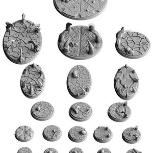 May include: A set of 19 grey plastic miniature bases with various designs, including skulls, horns, and cracked earth. The bases are designed for tabletop gaming.