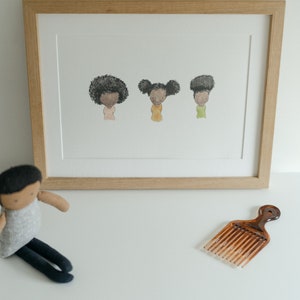 Deep | Afro, double buns and a bun - 3 hairstyles watercolour illustration, Montessori 3 hairstyles choices, skin tones - DIGITAL DOWNLOAD