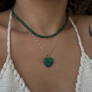 Genuine Malachite Necklace, Tiny Malachite Jewelry Gemstone, Malachite Heart Necklace with 925 Silver Chain, Handmade Beaded Necklace,