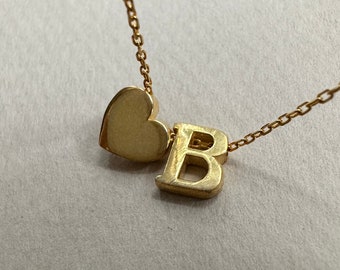 14K Solid Gold Personalized Heart Necklace, Custom Initial Necklace With Heart, Minimalist Letter Necklace, Gifts For Mother,Initial Jewelry