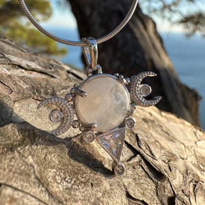 MoonstoneTriple Moon Necklace, 925 Sterling Silver Moon and Crescents Necklace, Hecate&#39;s Symbol Goddess, Handcrafted Witchy Necklace,