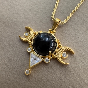 Onyx Triple Moon Necklace, 925k Sterling Silver Moon and Crescents Necklace,Hecate&#39;s Symbol Goddess,Handcrafted Witchy Necklace,Gift for Her
