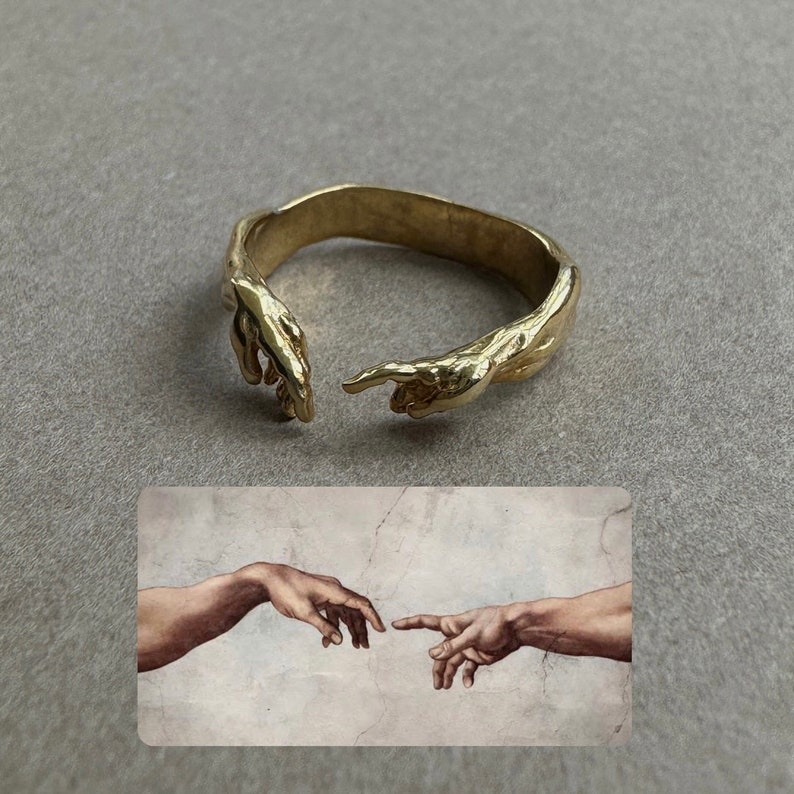 Hand van God geeft leven aan Adam Ring, Schepping van Adam, Uniek en betekenisvol: Schepping van Adam Handgebaar Ring, Michelangelo, Moederdag Cadeau afbeelding 1