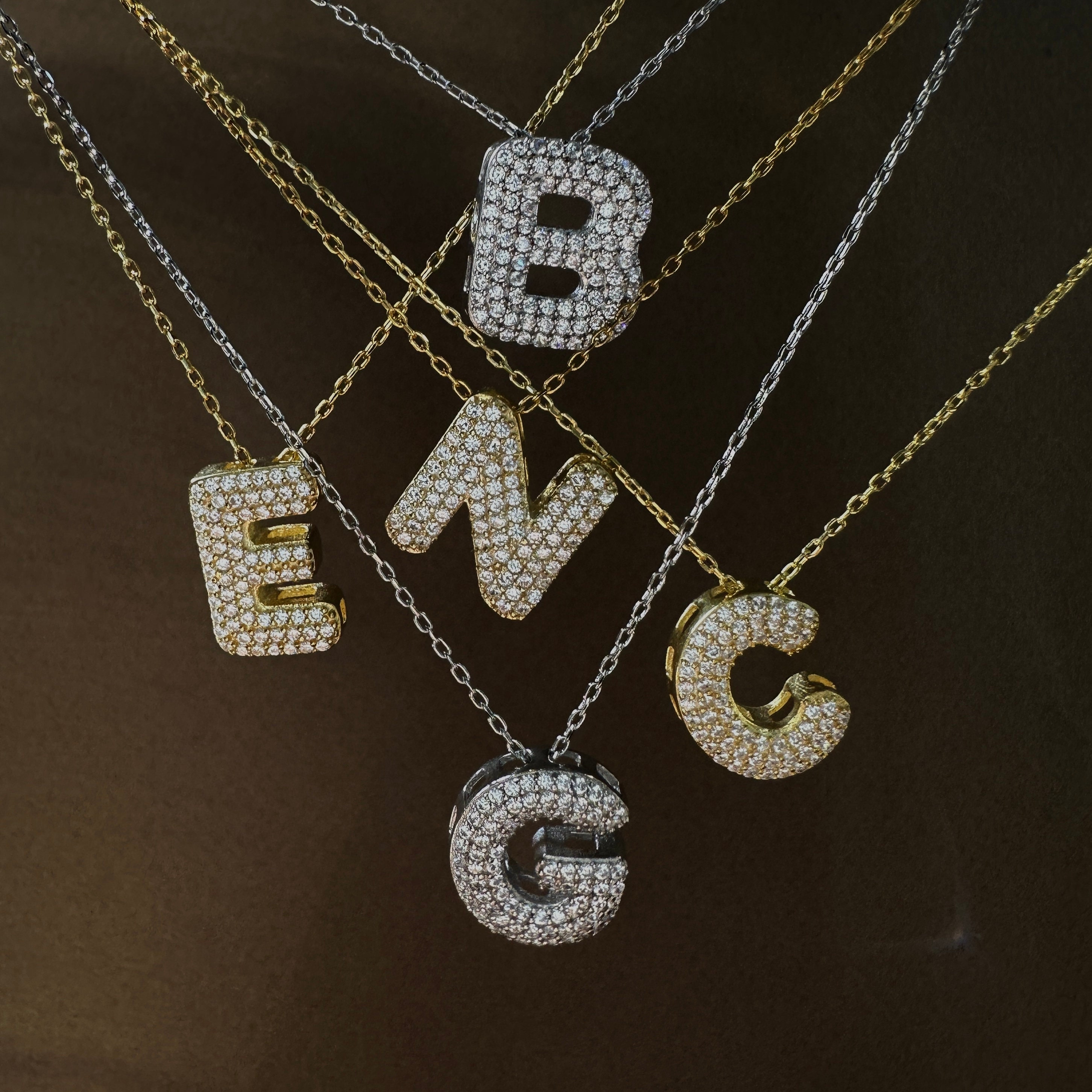 Crystal Bubble Letter Necklace, 14k Gold Pave Bubble Initial