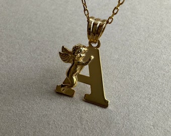 Angel Letter Necklace, Guardian Baby Angel Custom Letter, Guardian Angel Cherub Initial Pendant, Angel Huggies Necklace, Mother’s Day Gift