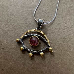 Collier mauvais œil en tourmaline rose, pendentif mauvais œil en argent sterling 925, collier de protection, breloque mauvais œil en pierres naturelles, cadeau pour elle