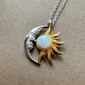 Dainty Opal Sun and Moon Necklace, 925 Sterling Silver Celestial Pendant Necklaces, White and Blue Opal Sun&Moon Pendant, Sunburst Necklace