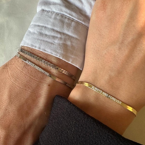 Bracelet avec texte personnalisé, chaîne en argent italien, bracelet de couple avec nom personnalisé, bracelet de couple personnalisé gravé, ensemble de bracelets de couple délicat