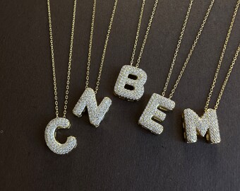 Crystal Bubble Letter Necklace, 14k Gold Pave Bubble Initial