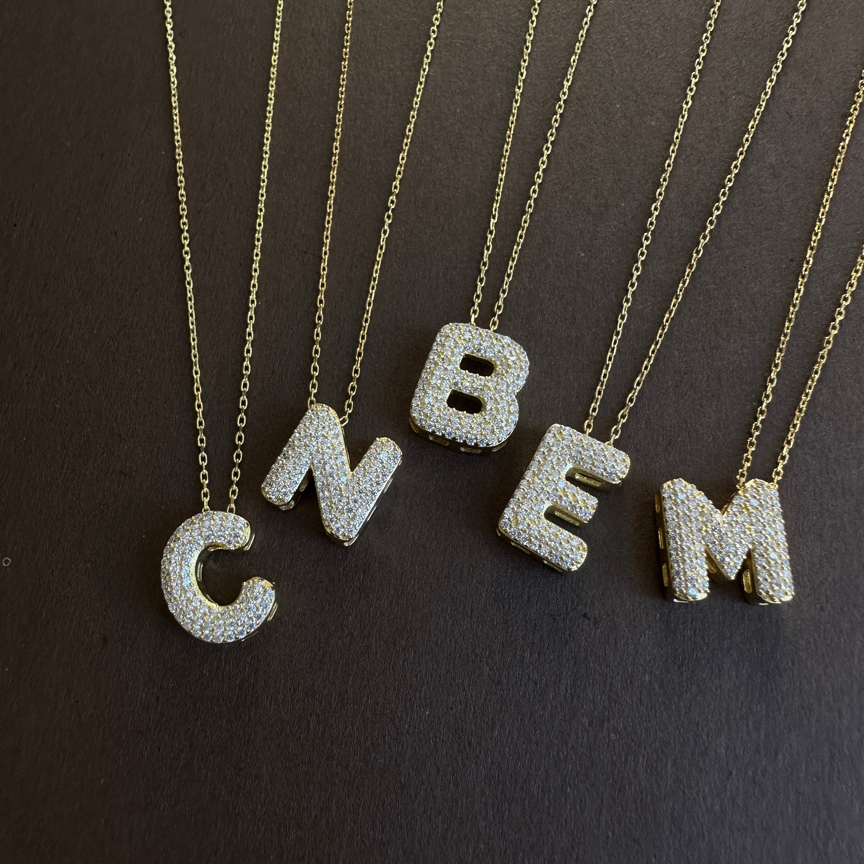 Crystal Bubble Letter Necklace, 14k Gold Pave Bubble Initial