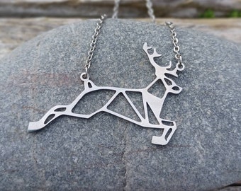Reindeer necklace, Stainless steel necklace, Stag necklace, Silver necklace, Origami necklace, Christmas gift for him or her.