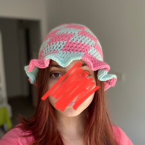 Crochet checkered Bucket Hat pink and blue handmade Hat stylish hippie