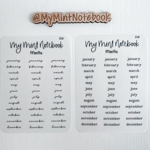 Guión de meses: pegatinas pequeñas minimalistas escritas a mano para planificador, diario y calendario Pegatina