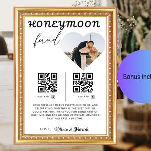 Honeymoon Fund QR Code Sign Template, Cash Gift Sign, Wedding Honeymoon Card, Honeyfund QR Code Editable Canva Template Card, Canva Template