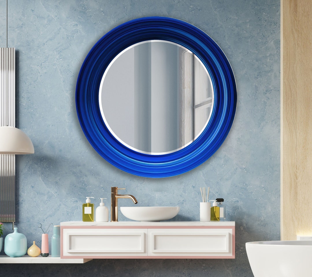 Dark Blue Round Mirror Wall Decortempered Glass Mirrorcircle Etsy