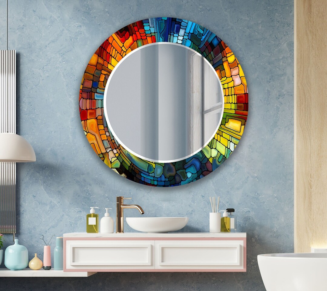 Large Round Mirror Wall Decor Stained Tempered Glass Etsy