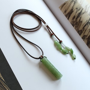 Unique Carved Cylindrical Green Jade Pendant|Natural Jade Necklace With Fabric|Art Deco Hand Carved Jade Pendant Men\Jade necklace women