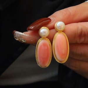 Natural Long Oval Pink Queen Conch Shell with pearl earring silver/Art Deco Trendy real pearl Jewelry|Unique Pink Gem Earring Women
