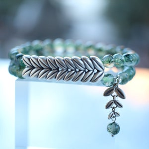 Moss agate bracelet with a 925 silver twig leaf and pendant-Balancing Calming Spiritual Protection-Healing Meditation Anxiety Stress Relief