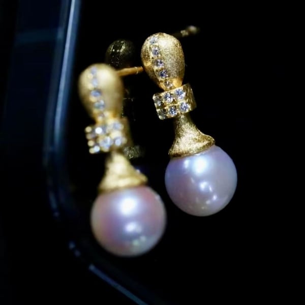 Unique Akoya Pearl Drop Earrings gold plated silver|Natural Real Pearl Earrings|Vintage Pearl Earrings|Hand Carved Gemstone Earrings\7mm