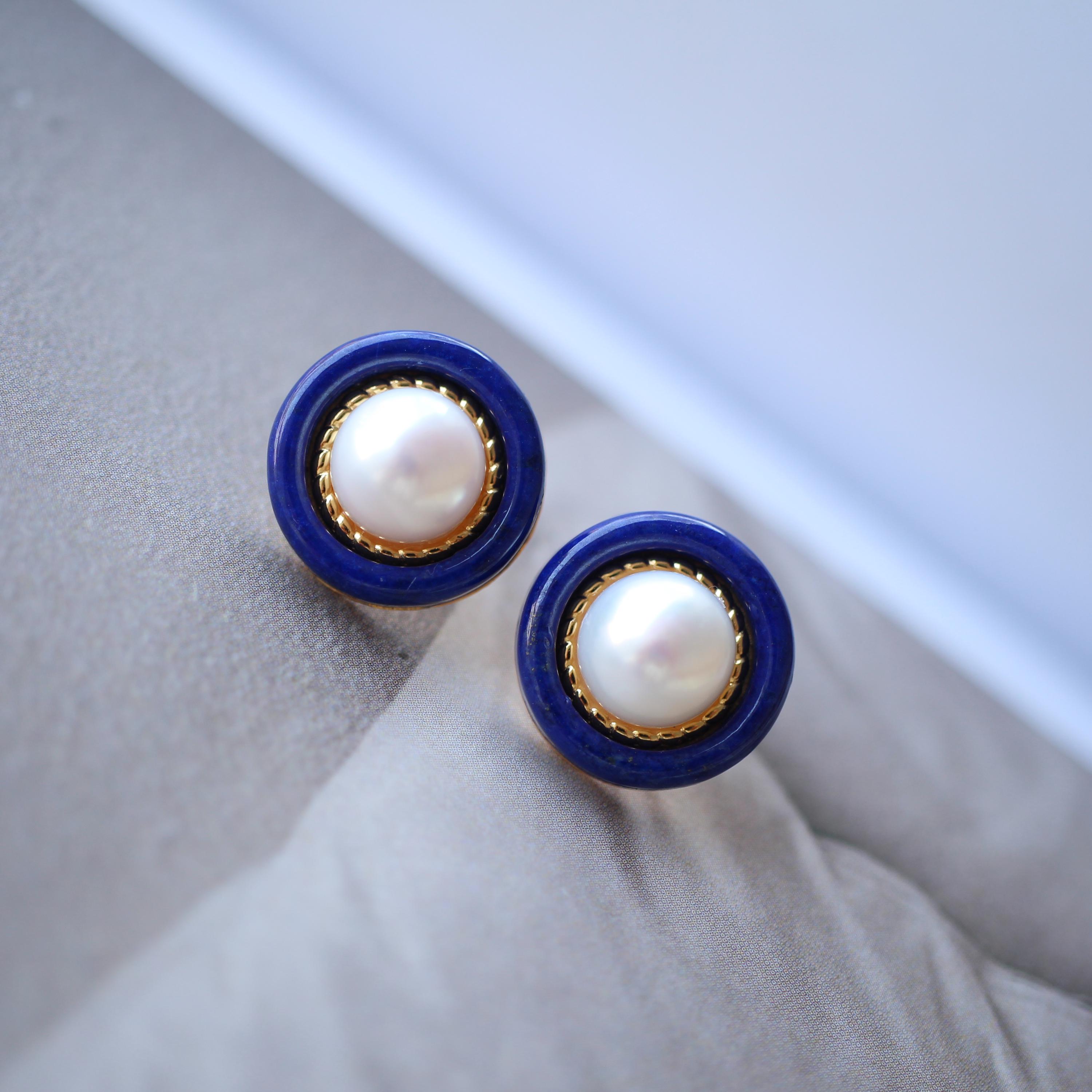 Natural Pearl With Lapis Lazuli Studs Earring|Unique lapis lazuli studs Women\Vintage Pearl studs Silver\Handmade Art Deco Lapis Lazuli stud